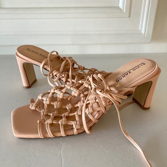 NWOT Elvio Zanon Anthropologie Strappy Woven Neutral Leather Heels - Picture 1 of 6